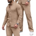 thumbnail image 4 of Men's 2 Piece Vertical Striped Textured Outfits Summer Casual Long Sleeve Button Down Shirts and Pants Matching Sets Khaki, 4 of 8