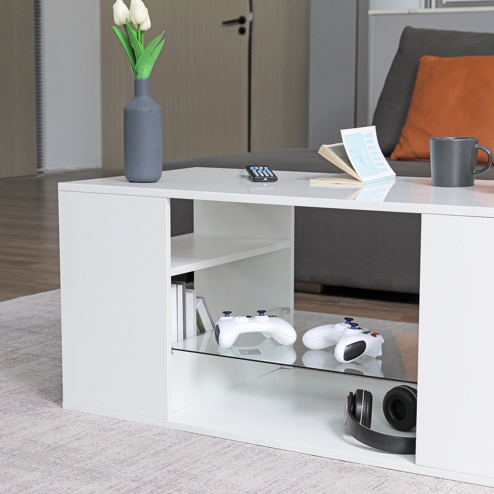 Hommpa White Coffee Table LED Coffee Table with Storage Modern Living Room Table Glass Open Shelves Rectangle Cocktail Center Tables High Gloss