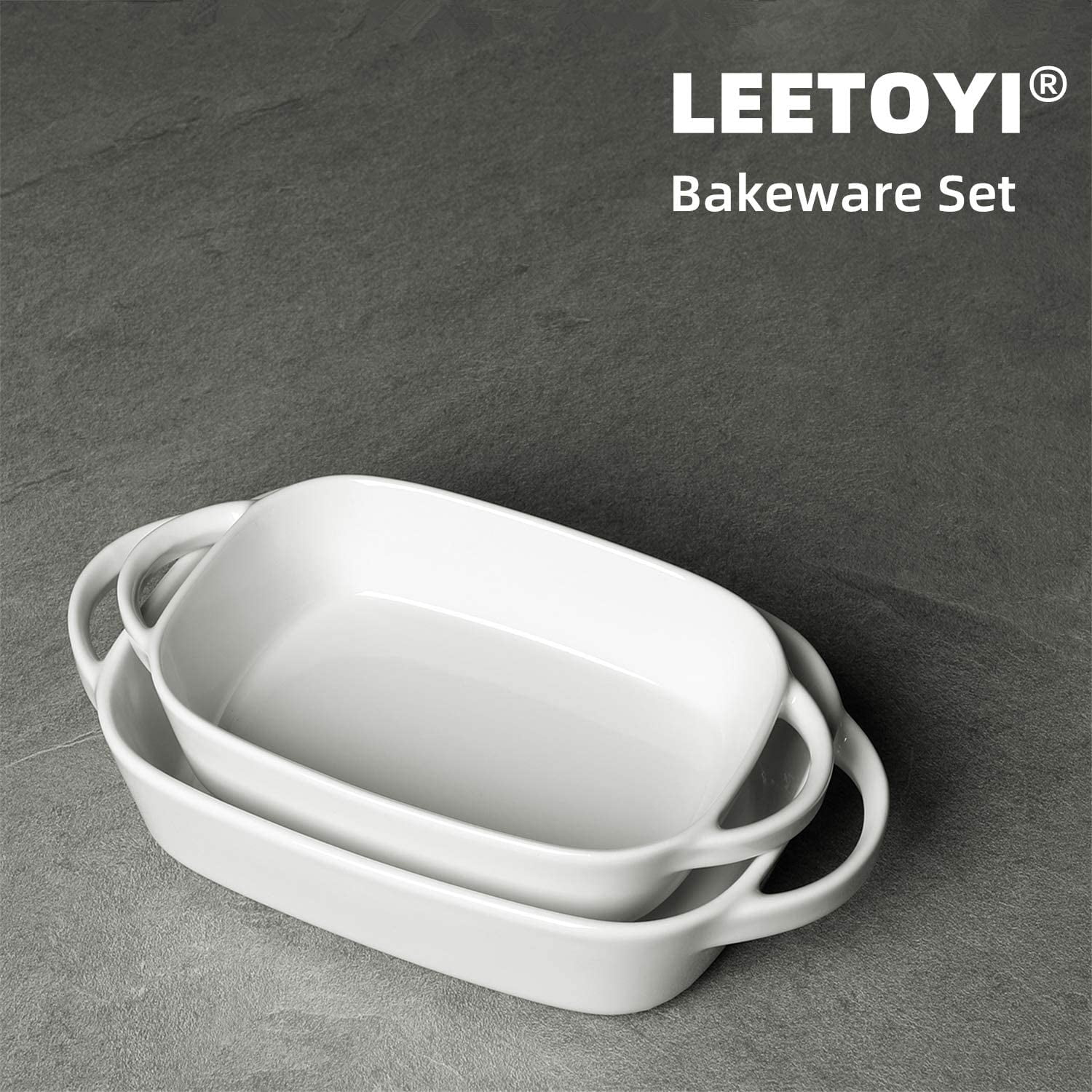 LEETOYI Porcelain Bakeware Set 2 Size Rectangular Baking Dish with Double Handle,Ceramics Baking Pans for Kitchen Cake Dinner,1 or 2 person servings 10.5-Inch/9-Inch White Cooking 