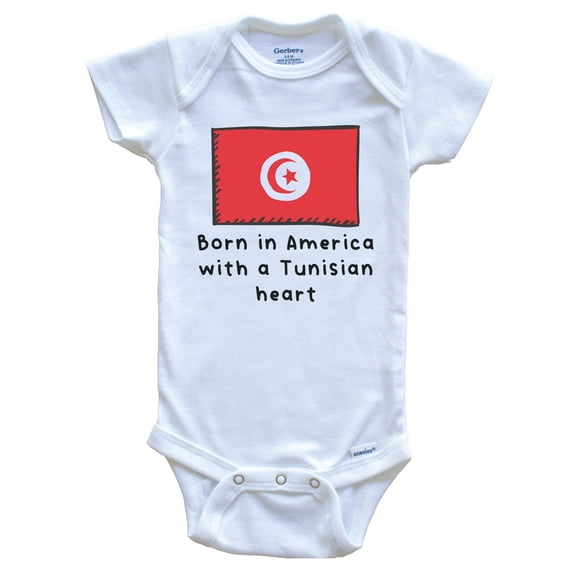 Born In America With A Tunisian Heart Cute Tunisia Flag Baby Bodysuit, 0-3 Months White