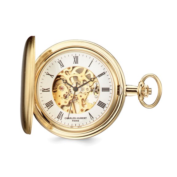 Charles Hubert Gold Finish Skeleton Dial Pocket Watch; for Adults and Teens; for Women and Men