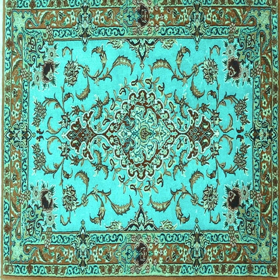 Ahgly Company Machine Washable Indoor Square Medallion Turquoise Blue Traditional Area Rugs, 5' Square