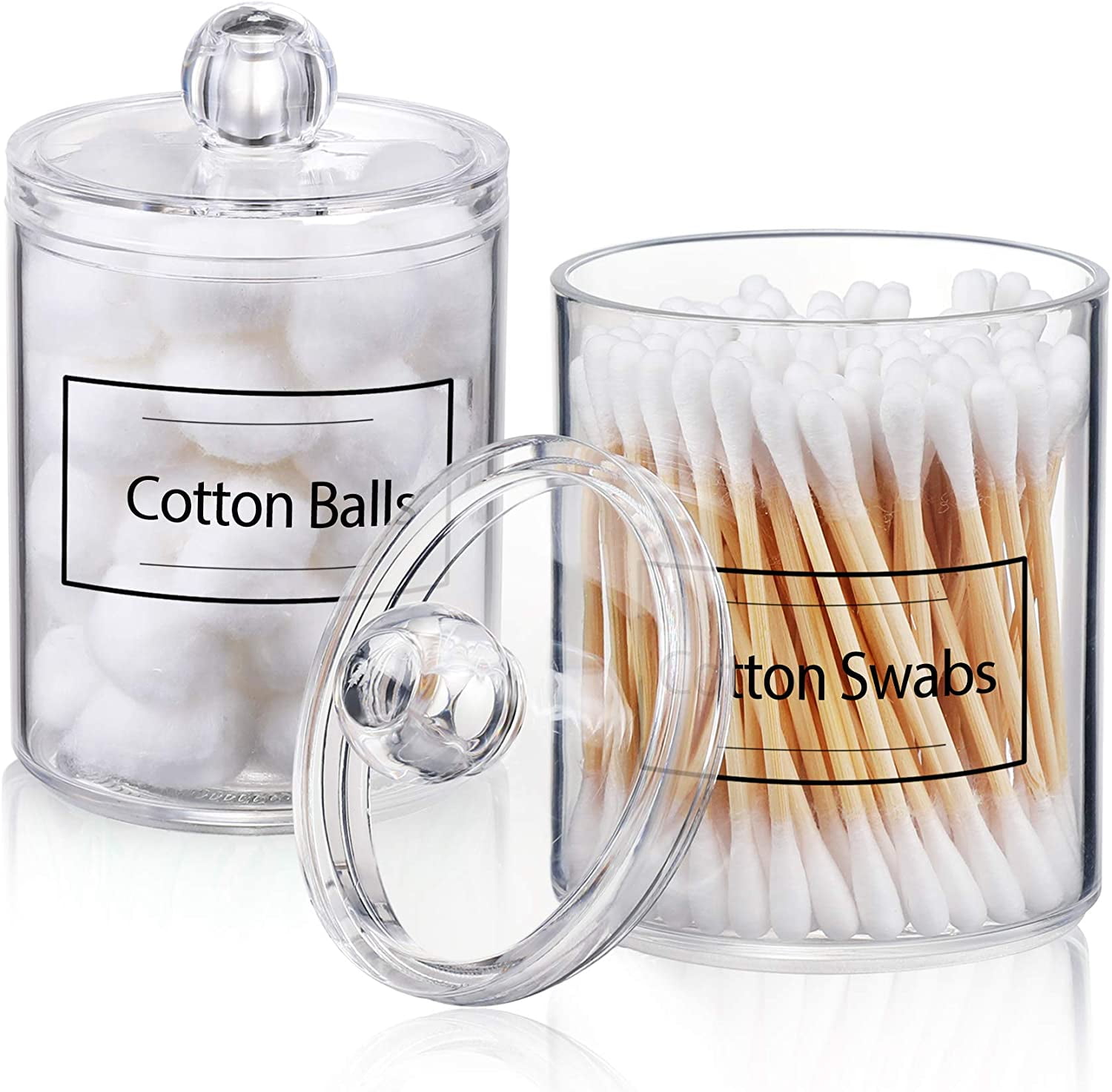 2 Pack Holder Dispenser for Cotton Ball, Cotton Swab, Cotton Round Pads, Floss - 10 oz Clear Plastic Apothecary Jar Set for Bathroom Canister Storage Organization, Vanity Makeup Organizer