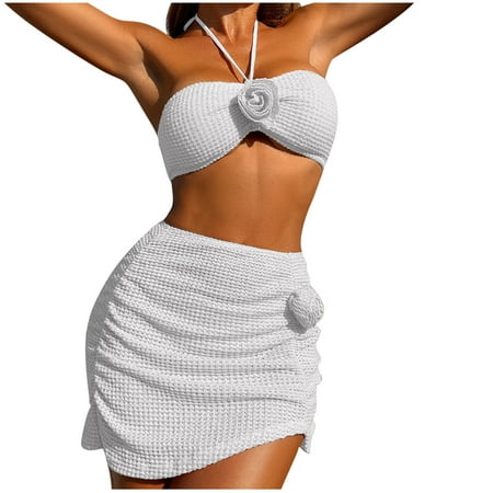 Oplxuo Sexy Texture 3D Flower Halter Bikini Sets for Women 3 Piece Swimsuits with Cover Up Beach Mini Skirt Bathing Suit