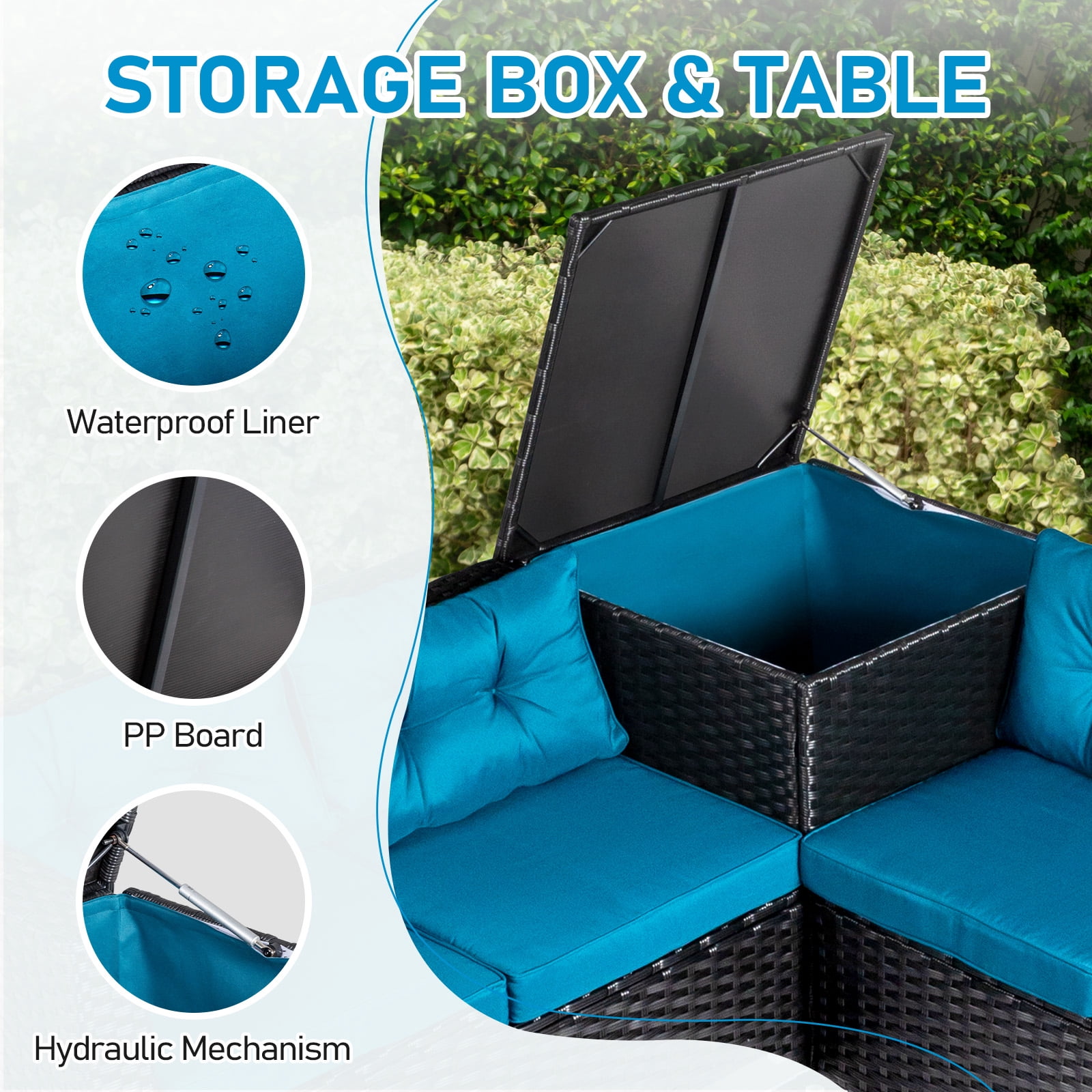 Ktaxon 4PC Patio Furniture Set, Black PE Wicker Modular Sectional with Storage Box, Pet Coffee Table  Peacock Green Cushions