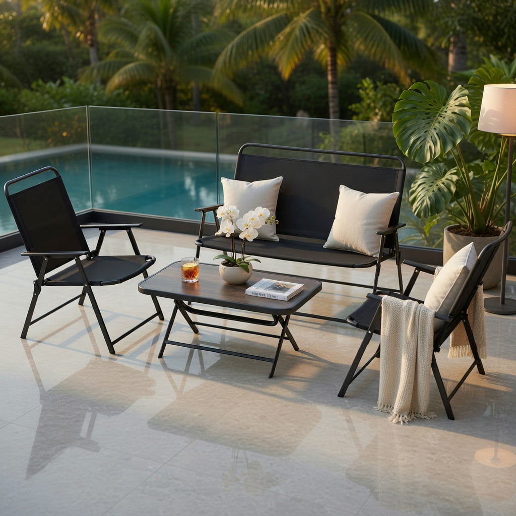 Hommoo 4-Piece Foldable Patio Furniture Set, SPC Coffee Table, Loveseat & 2 Chairs for Backyard, Poolside & Garden Use, Black