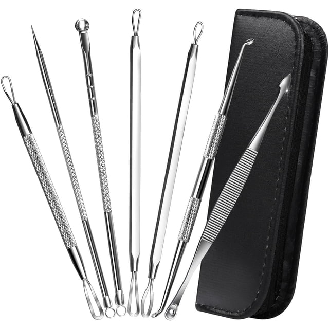 Kit de herramientas 7 en 1 para extraer espinillas, extractor de espinillas, extractor de espinillas y herramienta para espinillas, tratamiento seguro, kit de acné Zit Popper negro