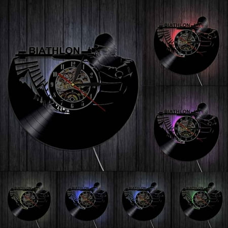 Winter Biathlon Wall Art Home Decor Wall Clock Sports Target Shooting Vinyl Record Wall Clock Skiing Rifle Biathletes Clock With LED