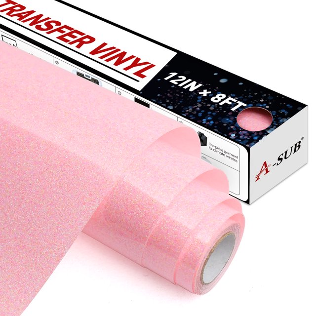 ASUB Pink Glitter HTV Heat Transfer Vinyl Rolls 12" x 8ft Pink Glitter