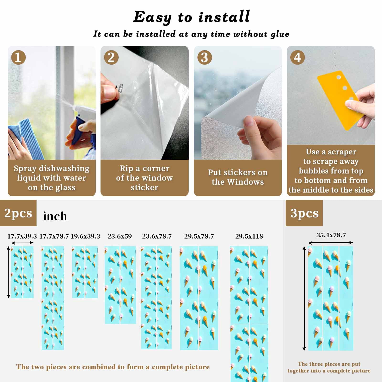 Blue Ice Cream Window Privacy Film, Summer Colorful Ice Cream Static Cling UV Sun Blocking Tint Film Heat Control Windows Films for Bedroom Bathroom, Window Stickers 23.6"x59"