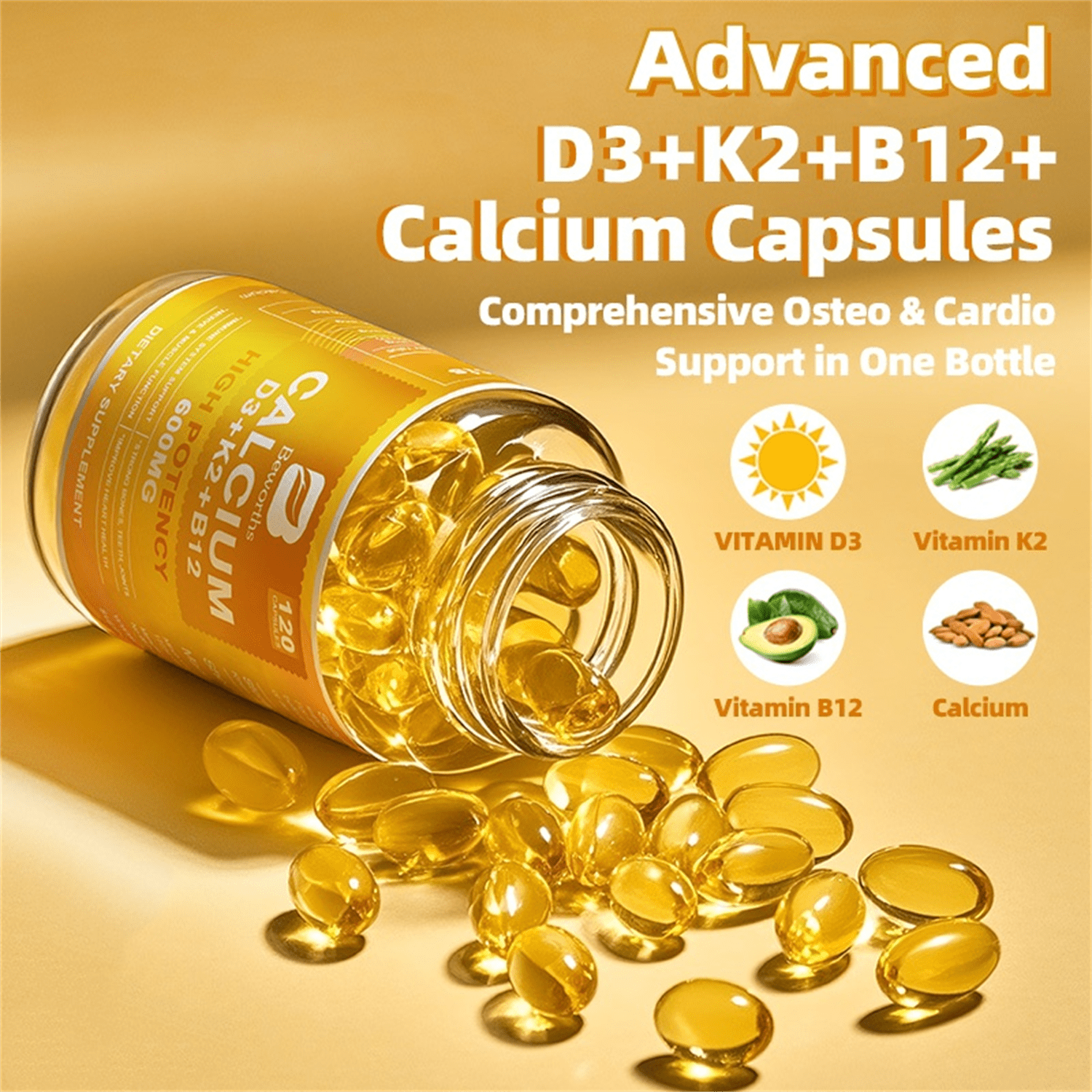 Beworths 4-in-1 Calcium 600Mg with Vitamin D3 K2 B12 Capsules for Bone Strength, Heart Health & Immune Support, 120 Capsules for Men and Women