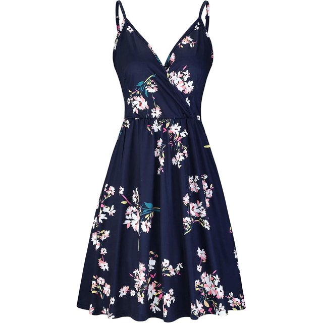 Women's V Neck Floral Spaghetti Strap Summer Casual Swing Dress with Pocket L