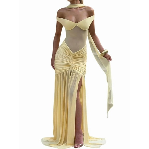 V Neck Bridesmaid Dresses Pleated Chiffon 2025 Off Shoulder Flowy Formal Evening Wedding Guest Dress with Slit Yellow L