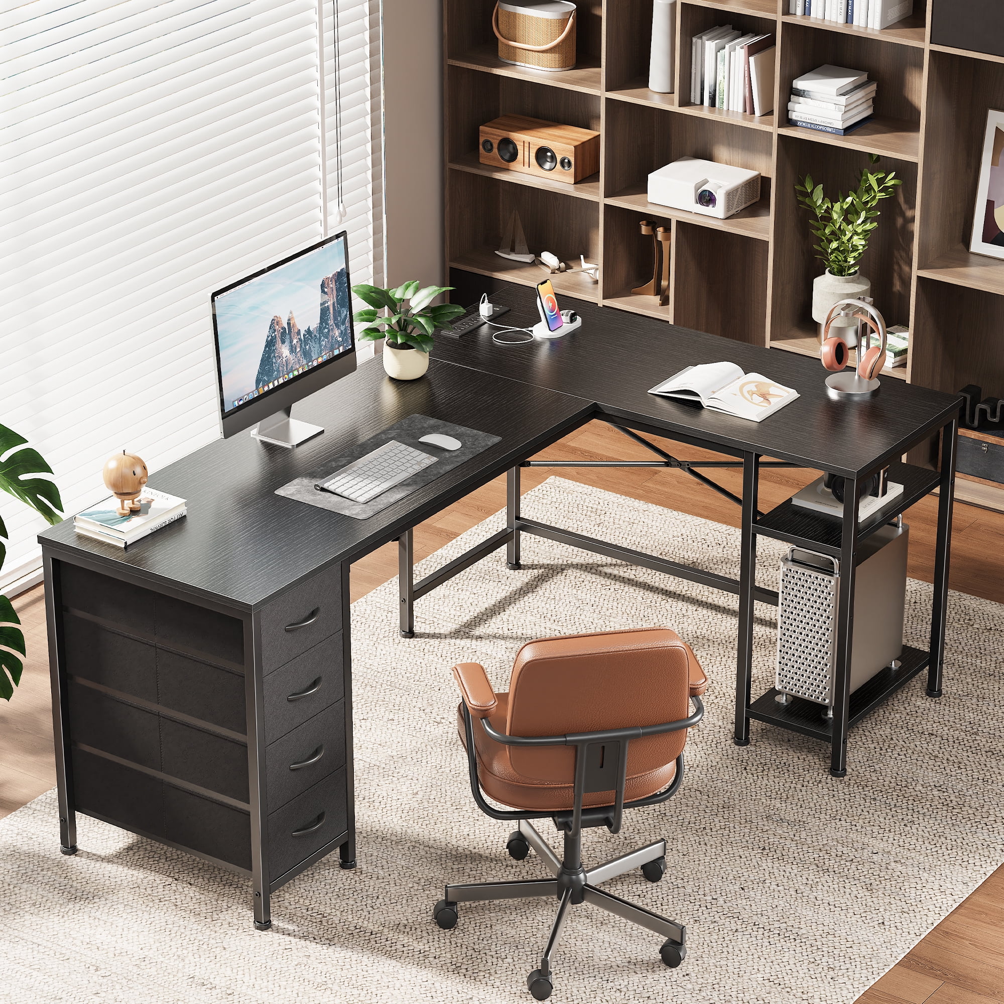 55 Inch L-Shaped Desk with Fabric Drawers, Reversible Home Office & Gaming Desk with Power Outlets, USB-C, and Adjustable Storage Shelves