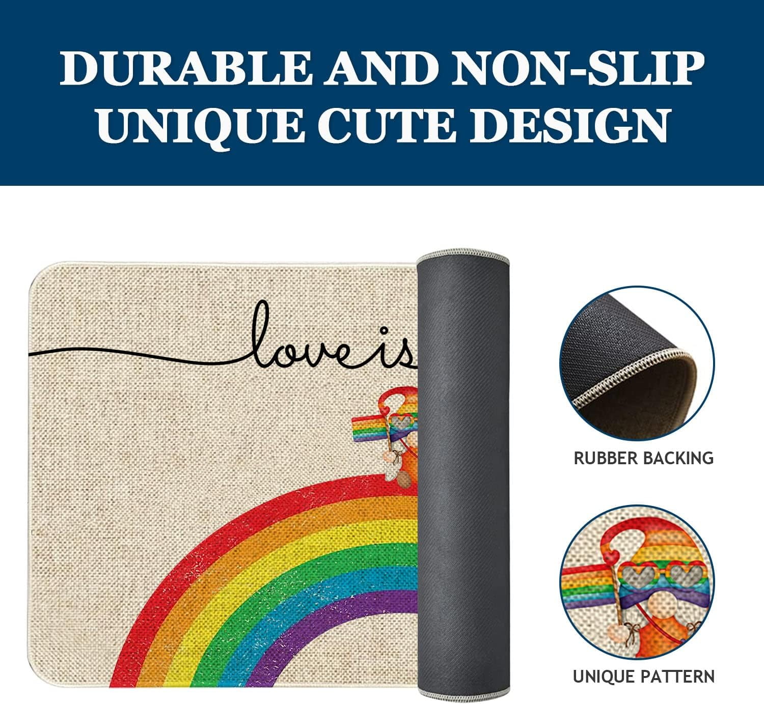 Love is Love Rainbow Door Mat 30 X 17 Inch Gay Pride Gnome LGBT Doormat Indoor Outdoor Entrance Floor Mat Non Slip Home Decor Rubber Welcome Mats