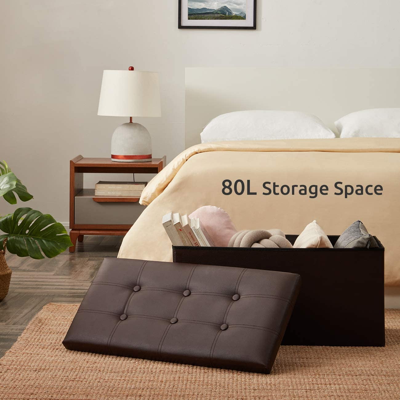 30 inches Storage Ottoman Bench 80L Storage Bench Foldable Footrest Shoe Bench with 80L Storage Space,Support 350lbs for Bedroom and Hallway Black