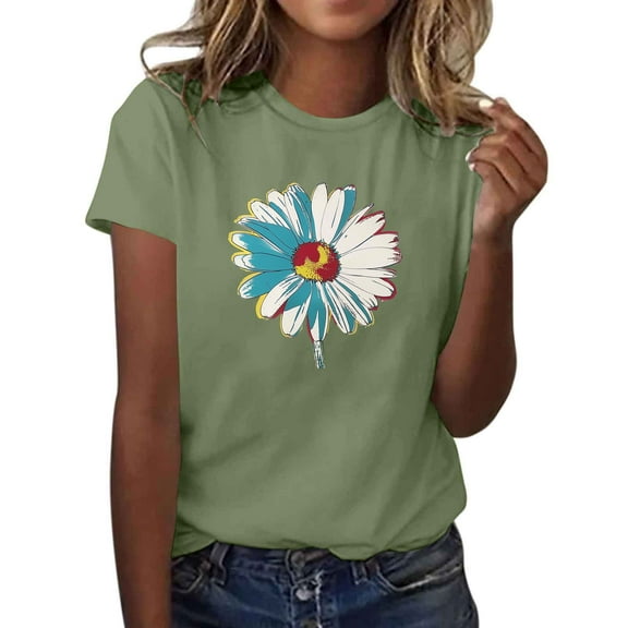 Women Cute Floral Graphic Tshirt Summer Crewneck Short Sleeve Regular Fit Casual Tee T-Shirts Tunic Tops Army Green Womens Tops