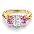 thumbnail image 3 of Gem Stone King 18K Yellow Gold Plated Silver White Moissanite and Pink Moissanite Filigree Style 3 Stone Ring for Women (2.42 Cttw, Oval 8X6MM and 6X4MM, Available in Size 5, 6, 7, 8, 9), 3 of 6