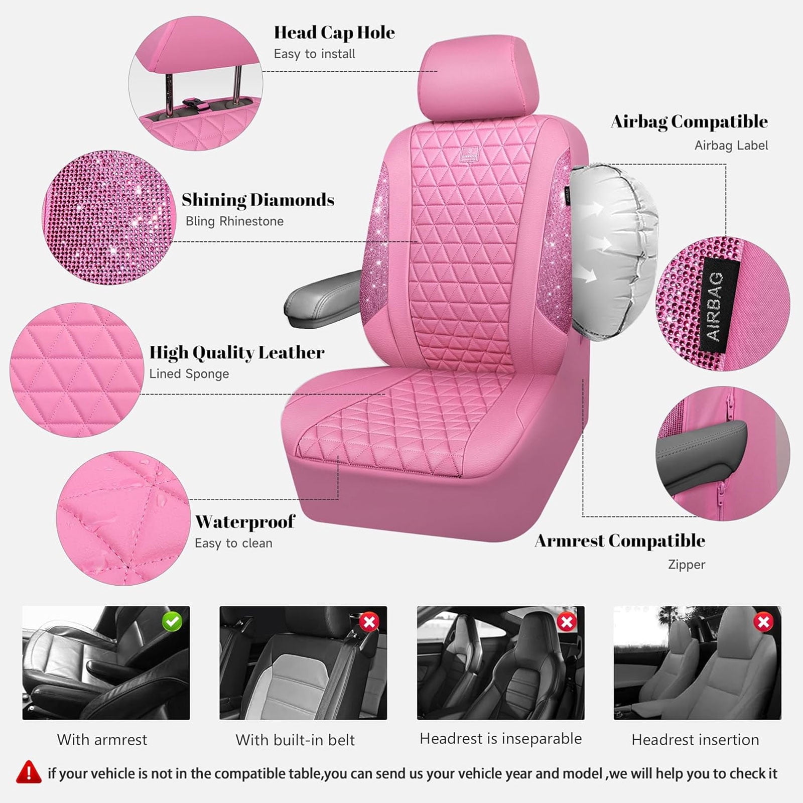 CAR GRAND Bling diamond leather automotive seat covers full set water proof shining glitter sparkly crystal rhinestone universal armrest fit girl woman lady pink