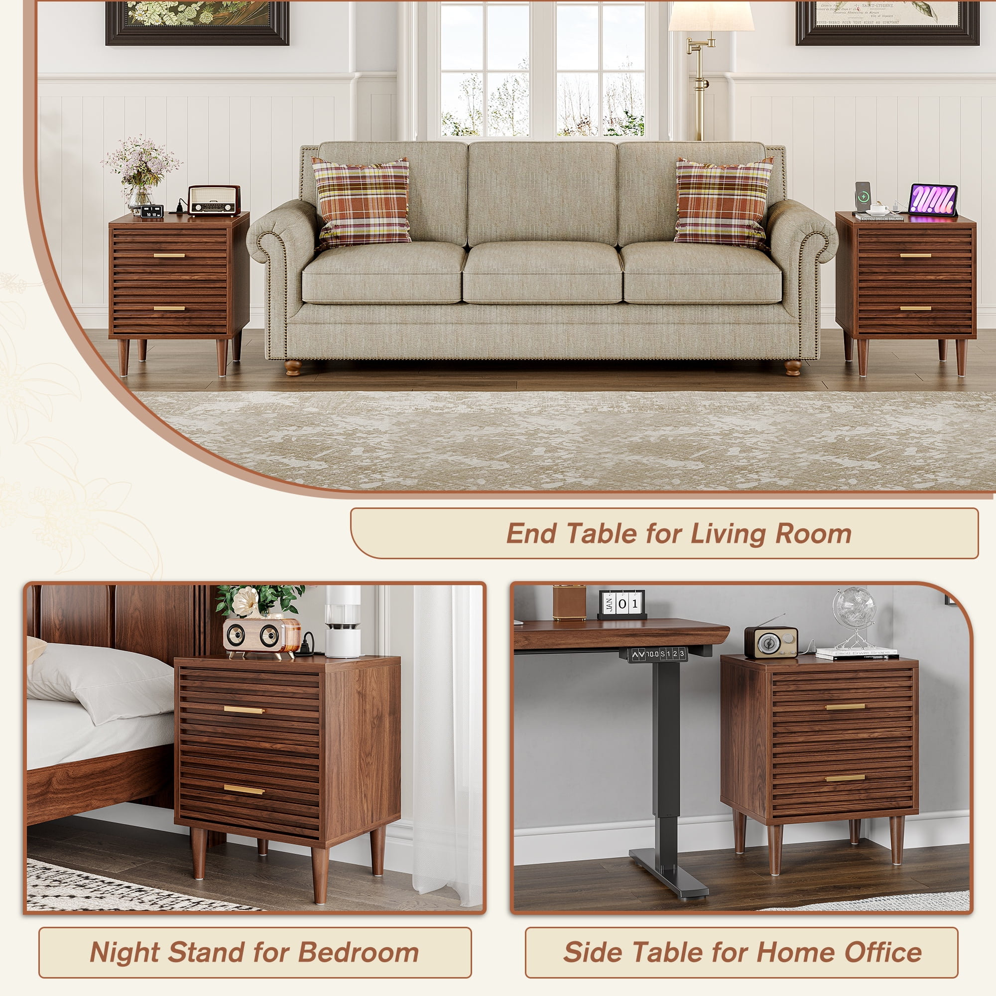 Brown Nightstand Set of 2, Fluted Night Stand With Charging Station, Mid Century Modern Night Stands For Bedroom Bedside Table, Fluted Nightstand With 2 Drawers, 19" Modern Side Table With Outlets