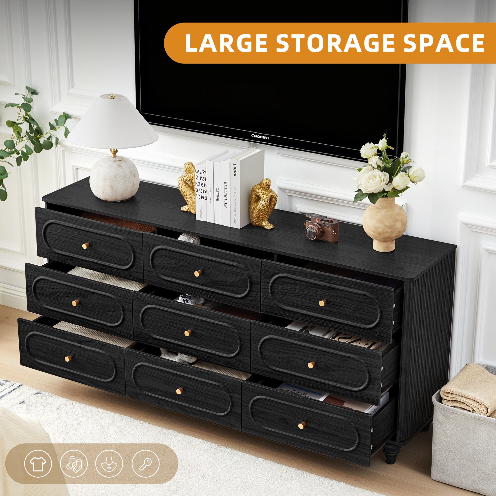 Weselon 9 Drawer Fluted Dresser for Bedroom, Mid Century Chest of Drawers with Arc Edge, Wood Storage Large Dresser Organizer for Bedroom Living Room Hallway Closet, Black