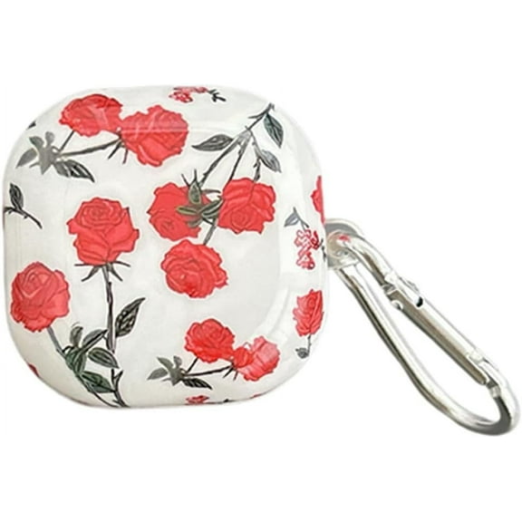 for Samsung Galaxy Buds 2 pro/Buds 2/Buds Live/Buds pro/Fan Edition(FE) case with Cute Rose Flower Pattern and Keychain Accessory,Hard Cover for Women Girls (Red)