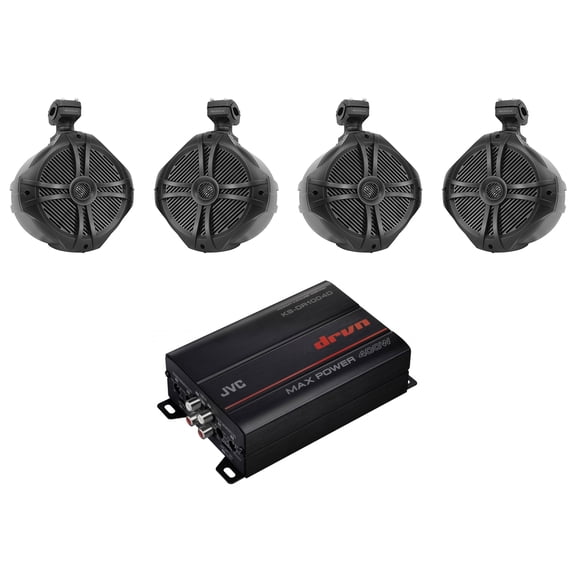 JVC KS-DR1004D 4-Channel Marine Amplifier (4) Black 8" Wakeboard Tower Speakers