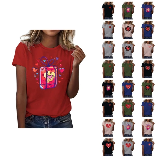 T-shirts de la Saint-Valentin pour Femmes 2026 à la Mode Manches Courtes Col Rond avec Cœur Graphique