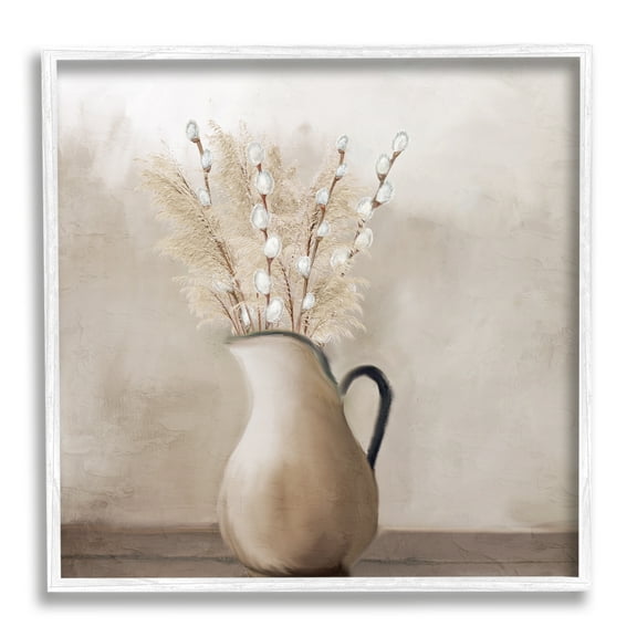 Stupell Industries Pussy Willow in Vase Botanical & Floral Painting White Framed Art Print Wall Art, 17 x 17