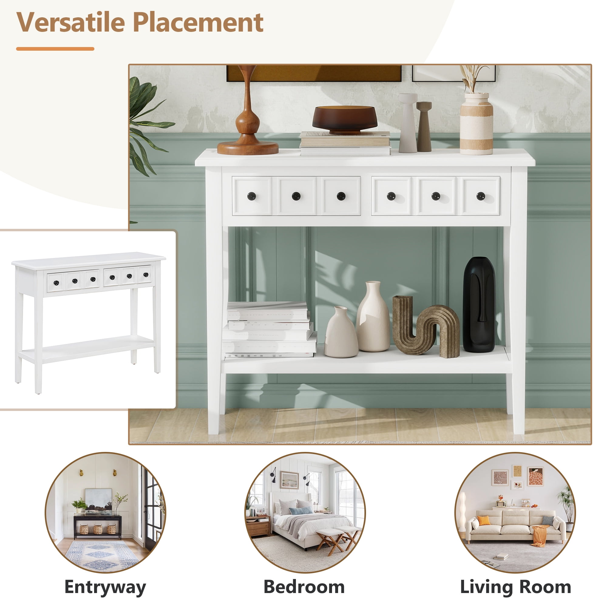 EUROCO 38.2" Console Table,Sofa Table Entryway Table with Rubber Wood Legs,2 Drawers and Open Shelf,Rustic Hallway Accent Table for Living Room, Entrance,White