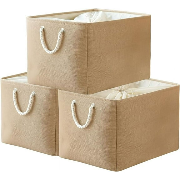 Storage Bins Baskets for Organizing, 20.5L×15.7W×13.8H 3 Pack Sturdy Fabric Storage Basket W/Handles, Decorative Foldable Storage Baskets for Shelves Closet Nursery Toy (Beige)
