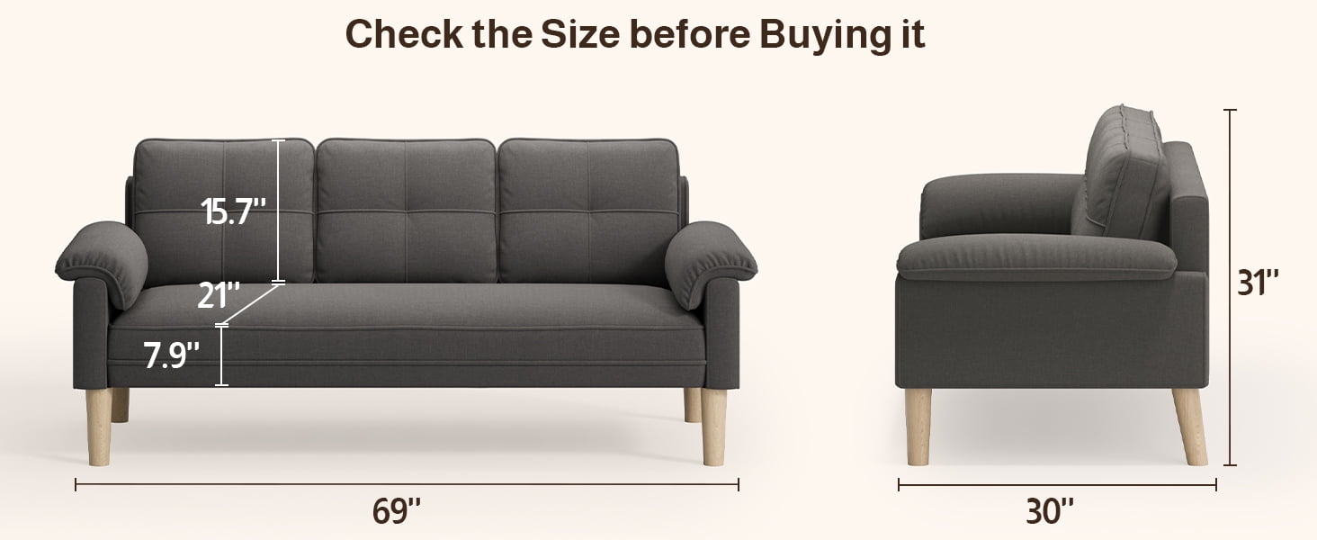 Aiho 69" Sofa Couch for Living Room | 3-Seater with Padded Arms, Solid Wood Legs, Easy Setup |Dark Gray