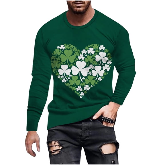 hotojiny Mens St Patrick's Day Shirts Casual Long Sleeve T-Shirt Big and Tall Green Print Crew Neck Tops Spring Clothes for Party