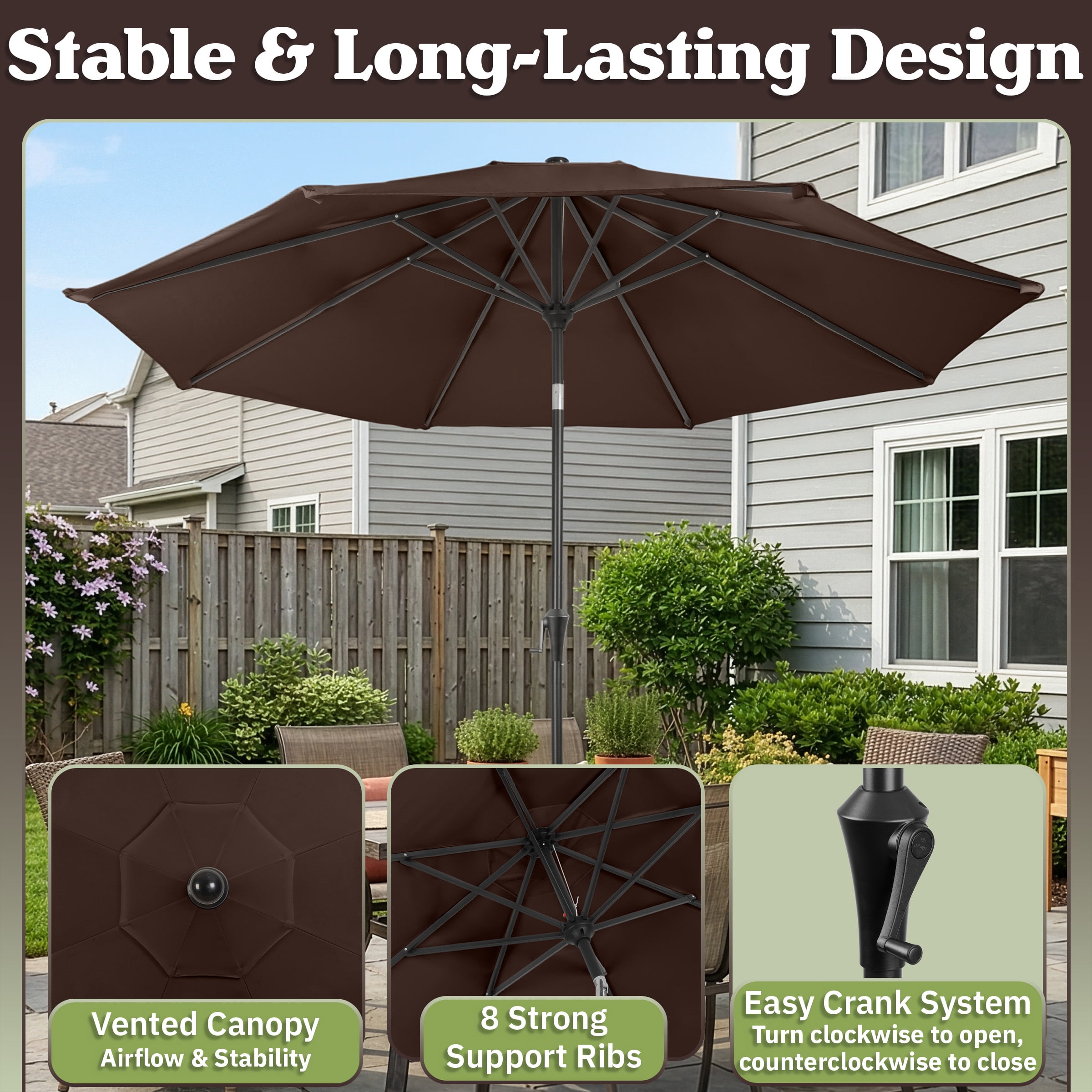 Villacera 9FT Outdoor Patio Umbrella Shade with Auto Tilt, Brown