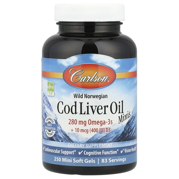 Carlson - Cod Liver Oil Minis, 280 mg Omega-3s   Vitamins A  D3, Heart Support  Cognitive Function, Vision Health, 250 Mini Soft Gels