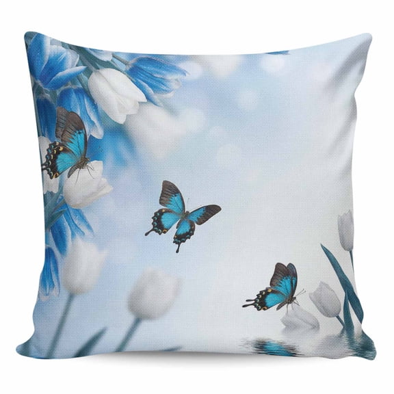 Blue White Floral Pillow Covers 18x18 Inch Decorative Throw Pillow Cover, Ombre Tulips Modern Art Spring Sofa Pillowcases Accent Cushion Case Home Decor Bedroom Living Room
