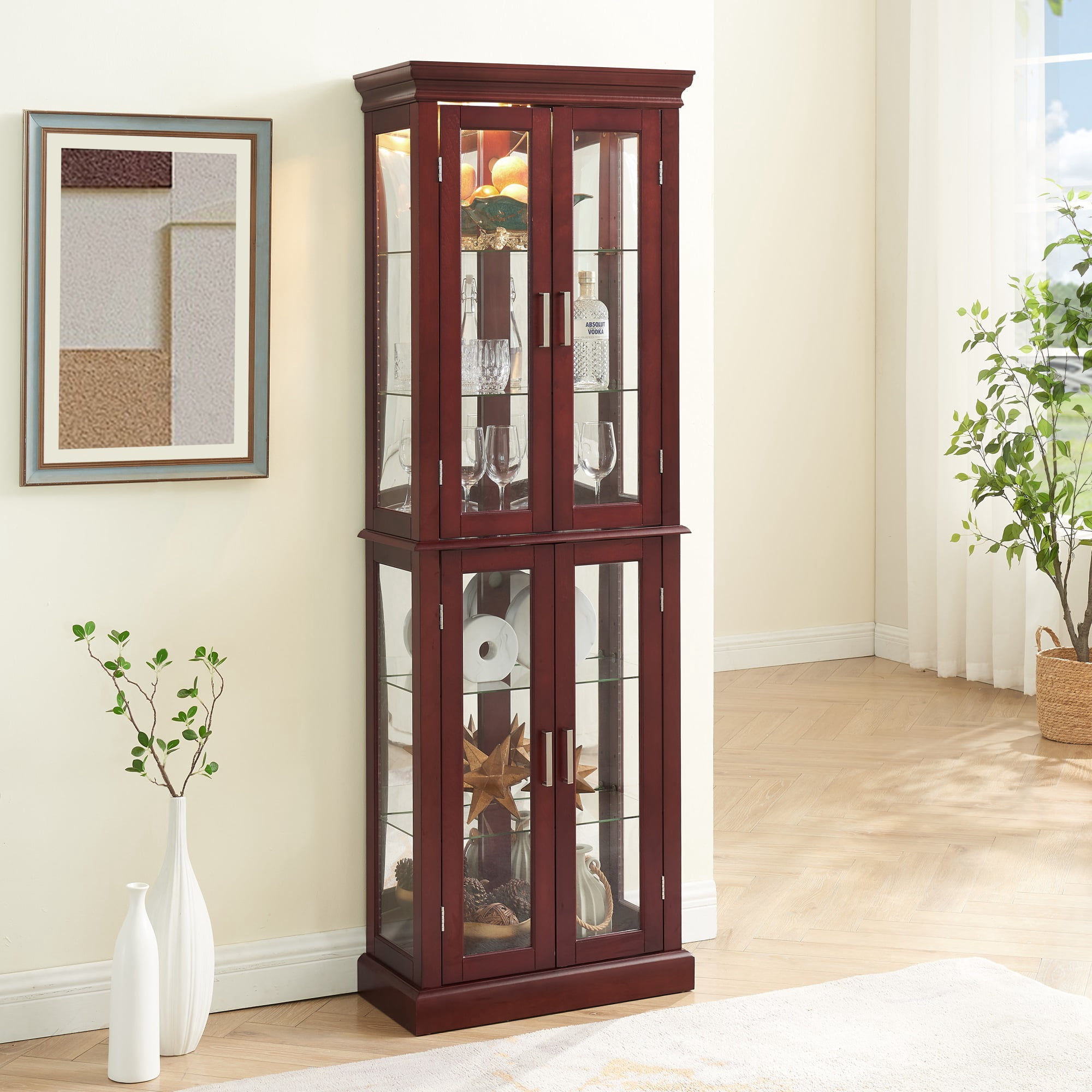 Miniyam Curio Display Cabinet with Adjustable Glass Shelves, Light, Cherry