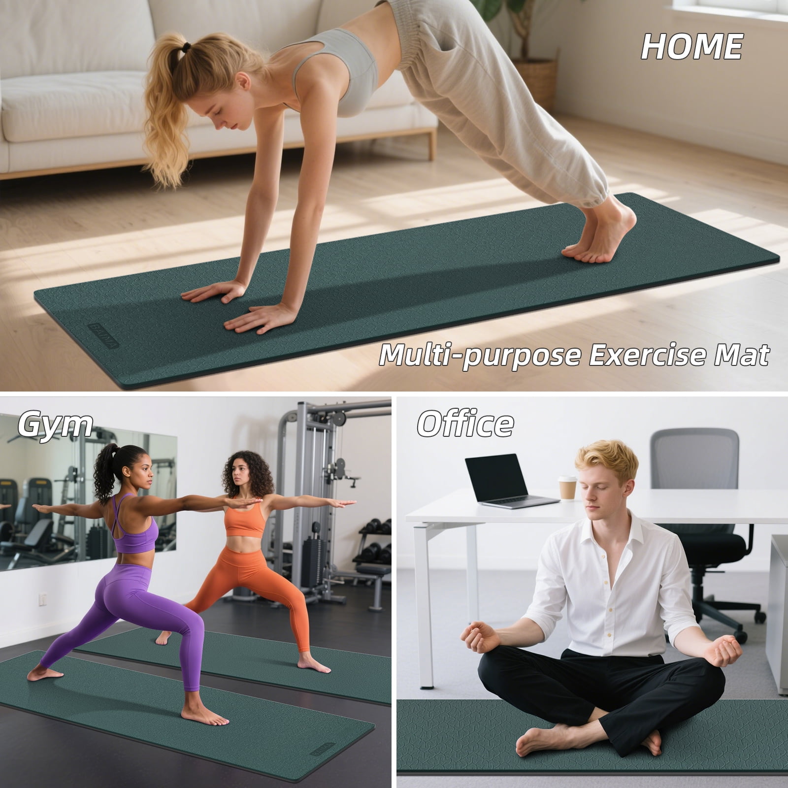 BAIMA Large Yoga Mat Thick Extra Wide and Long ,Roll-up Pilates Mats ,Eco TPE Double-Sided Exercise Pad with Carry Strap(Darkgreen+Grey)