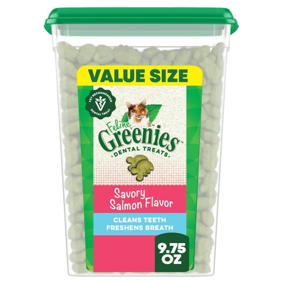 Greenies Feline Savory Salmon Flavor Adult Natural Dental Cat Treats, 9.75 oz Tub