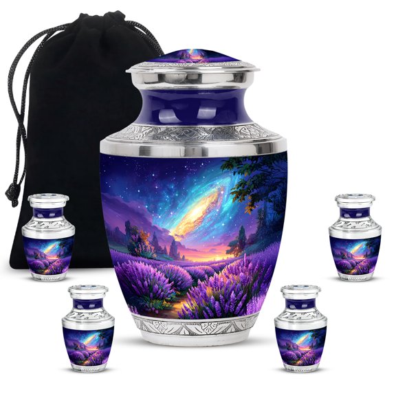 JAGASY Lavender Grass Urn for Memorial Funeral - 10 Inch Galaxy Urns for Adult Male - 3 Inch Purple Burial Urns for Human Ashes - Blue Adult Urn for Female Cremation - (1 Large, 4 Small)
