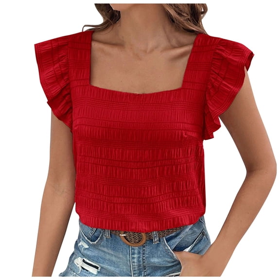 Women's Summer Square Neck T-Shirt Casual Flying Sleeves Blouse Soft Breathable Comfortable Versatile Stylish Top
