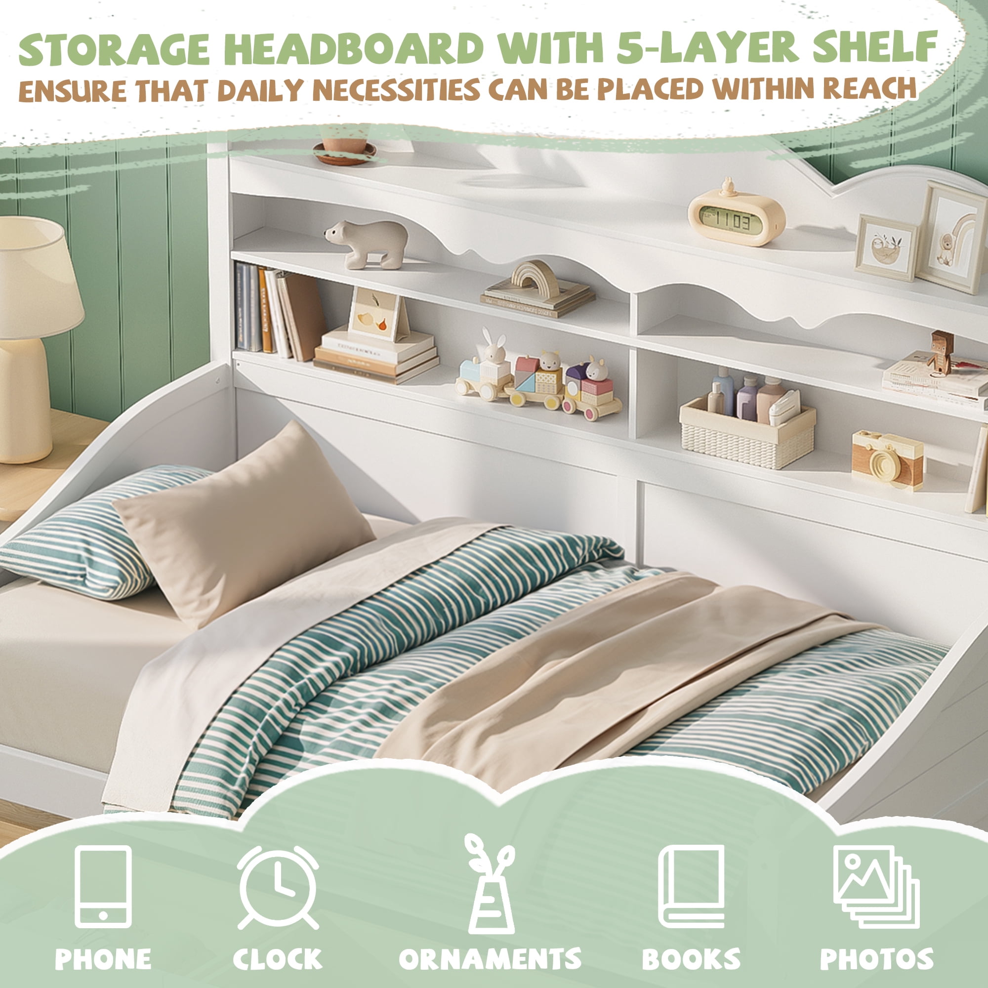 Euroco Wood Twin Size Daybed with Drawers, Captain Bed with Shelves, White