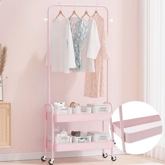 Wuzstar Metal Clothing Rack Stand Floor Garment Rack with 2 Tier Basket and Universal Wheel(Pink)