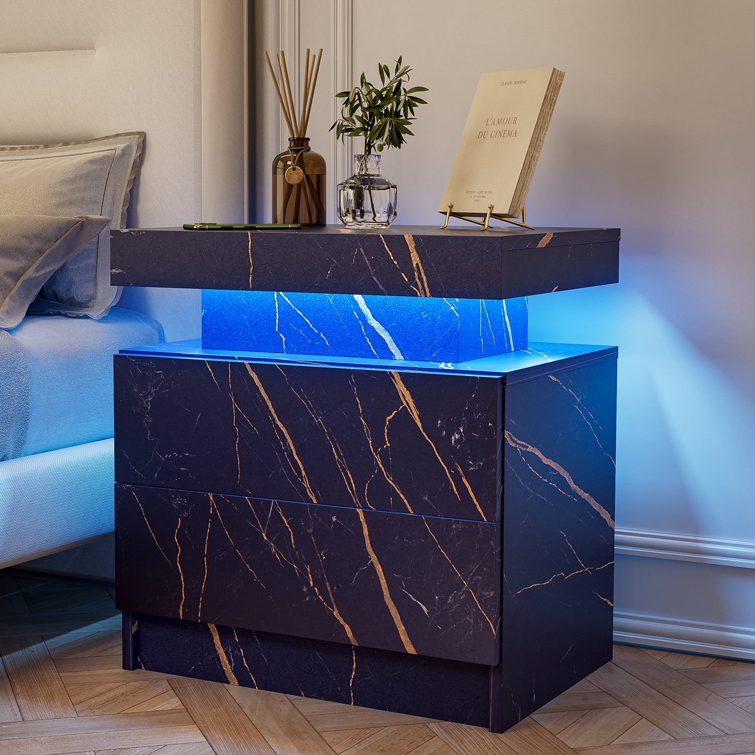 Modern Bedside Tables with LED Light, Nightstands with 2 Drawers and