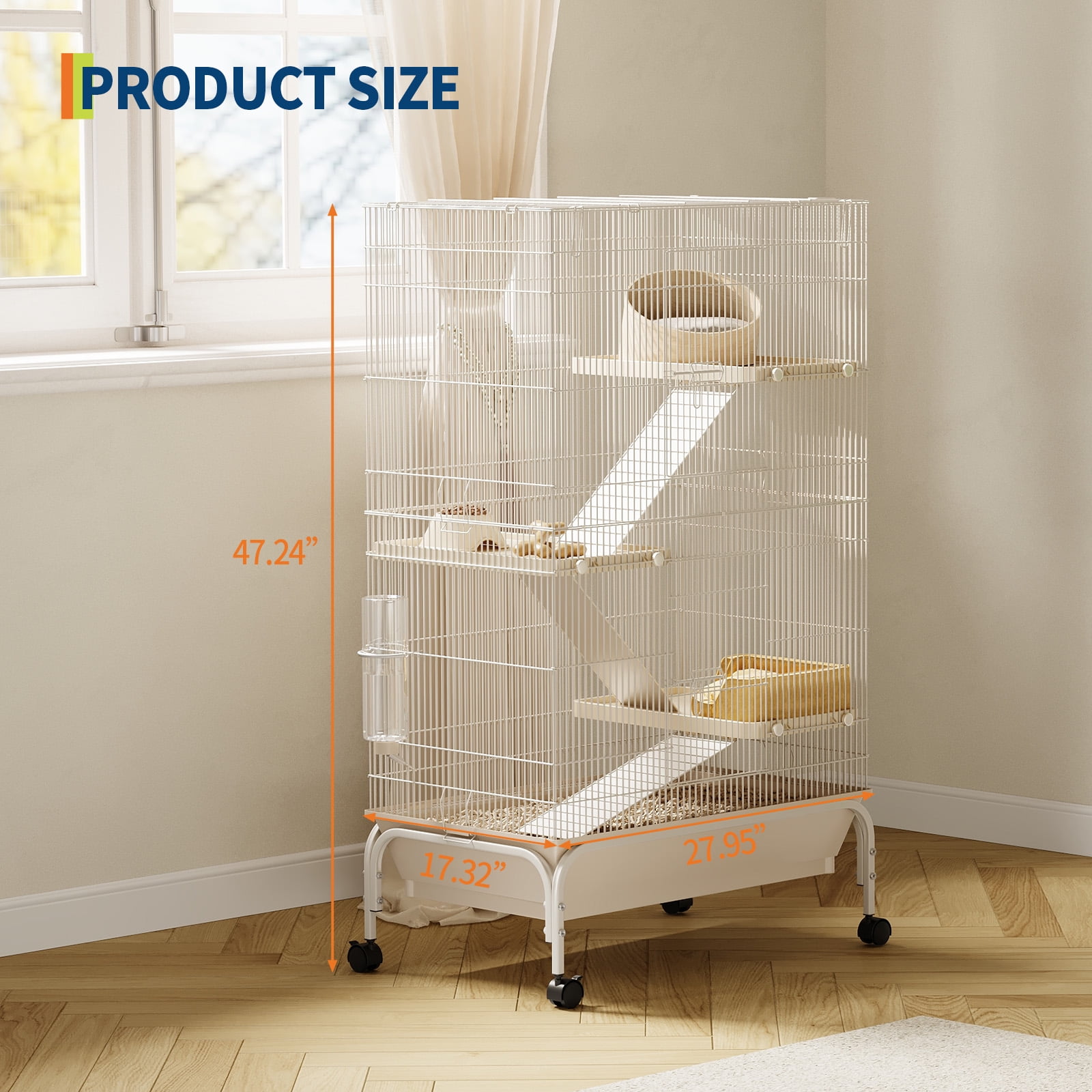 TEQIN 3 Tiers Small Animal Critter Cage,55" h Ferret Cage  with 3 Removable Ramps,Food Bowl, Water Bottle, Metal Small Animal Cages on Wheels for Chinchillas, Guinea Pigs, Rabbit, Sugar