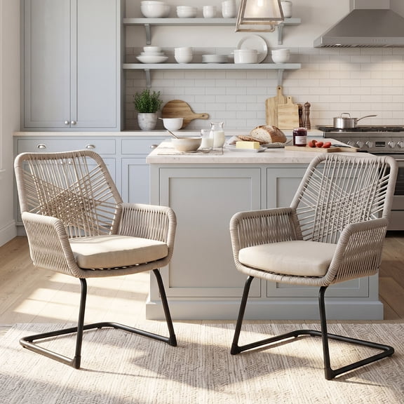 OMNIBERG Dining Chairs Set of 2, Grey PE Rattan Dining Chairs with Armrests and Backrest Cushion, Back Kitchen Chairs for Kitchen & Dining Room