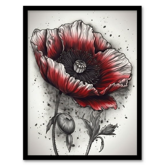 Remembrance Day Poppy Flower Detailed Coloured Pencil Drawing Red Grey WWI Memorial Symbol Nature Colourful Bright Floral Modern Artwork Art Print Framed Poster Wall Decor 12x16 inch