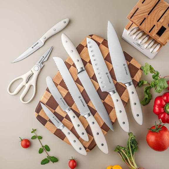 15-Piece Kitchen Knife Set with Block, High Carbon German Stainless Steel Knives, Built-in Sharpener, Dishwasher Safe, White