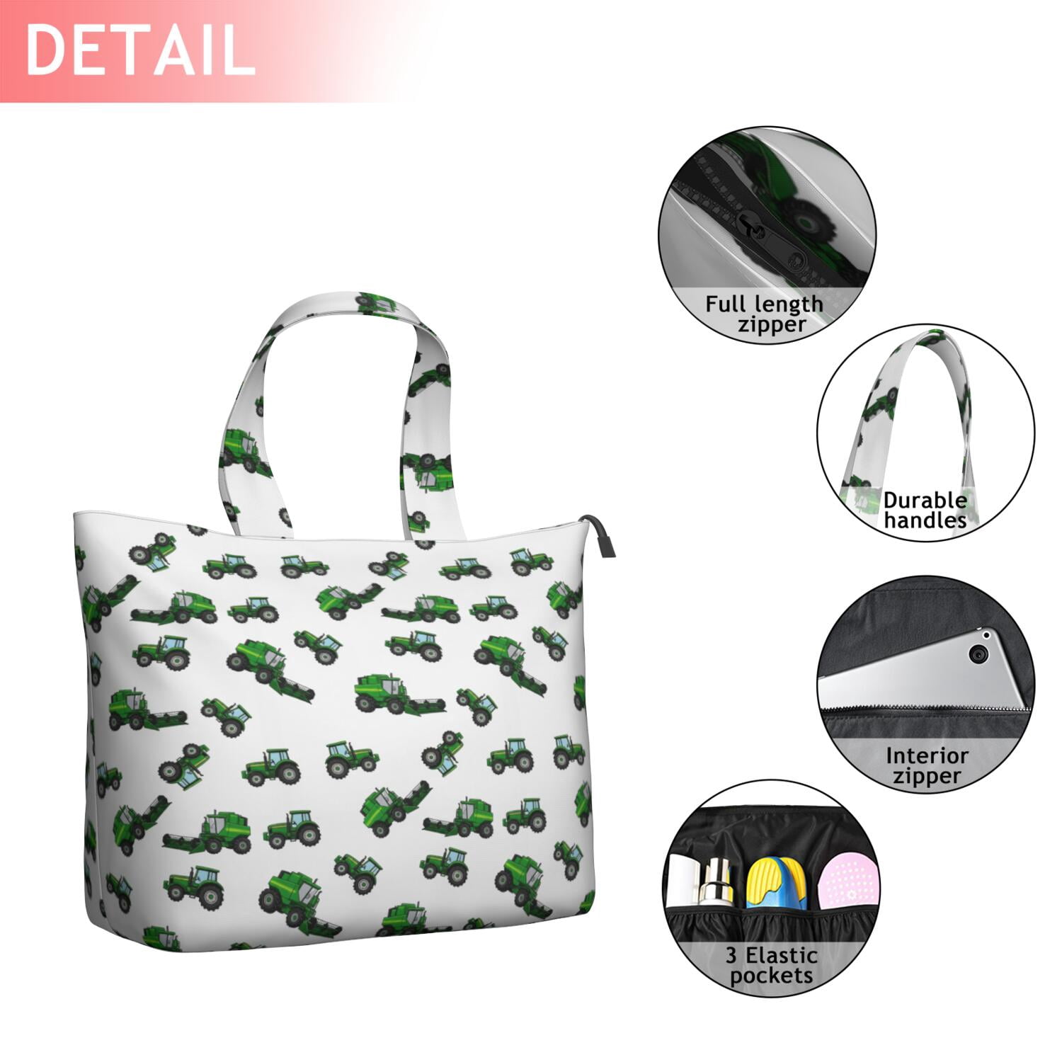 Cartoon Construction Vehicles Green Gray Pattern Travel Tote Bags for Women Carry On,Large Weekender Bags for Women Travel,Multi Functional Duffle Bag for Work,Shopping,Sports