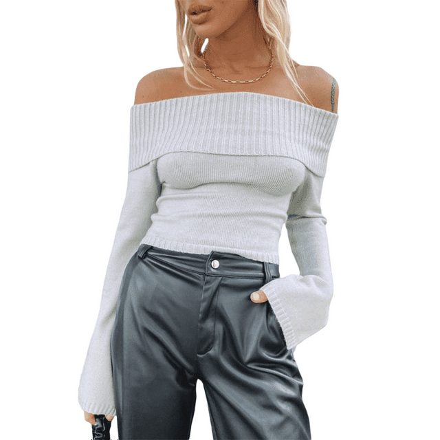 Gupgi Women Sweaters Long Sleeve Off Shoulder Solid Knit Pullover Tops for Daily